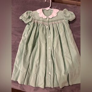 Girl's Smocked Dress mint green with flowers Cotton Corduroy, collard neck, 3T